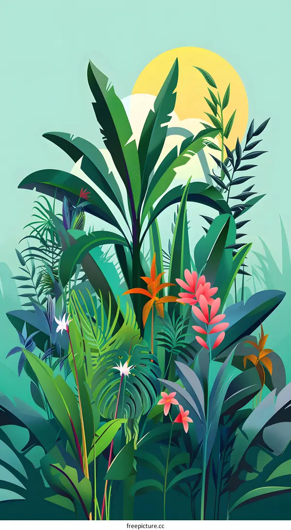 Tropical Jungle Leaves and Flowers Illustration