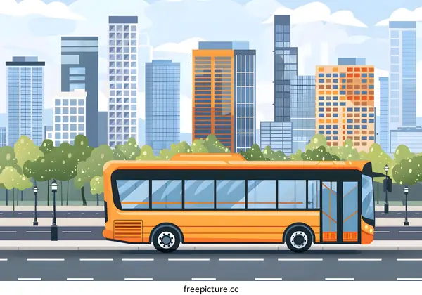 Yellow Bus Driving on City Street Illustration