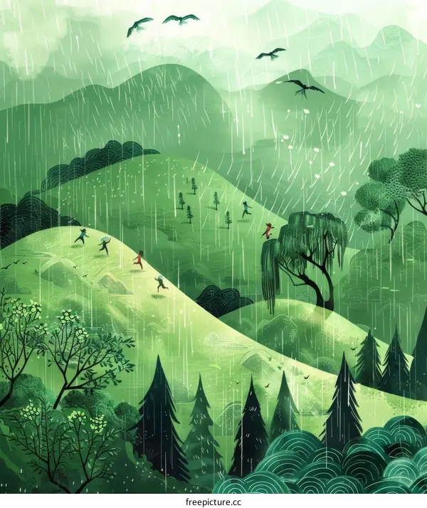 children running in the rain