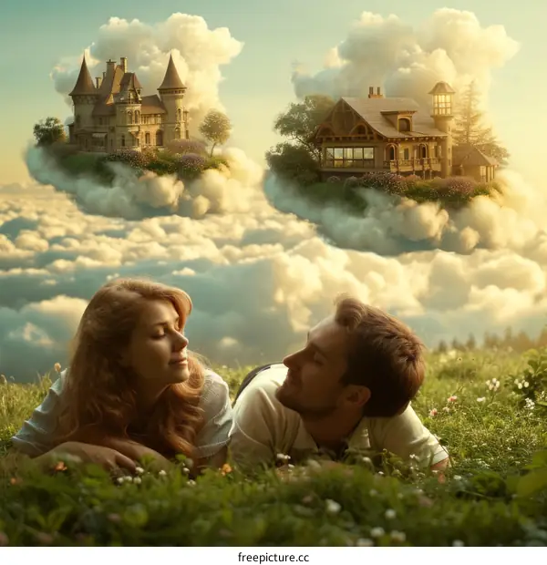 Couple Gazing into Each Other with Dreamy Houses Floating Above
