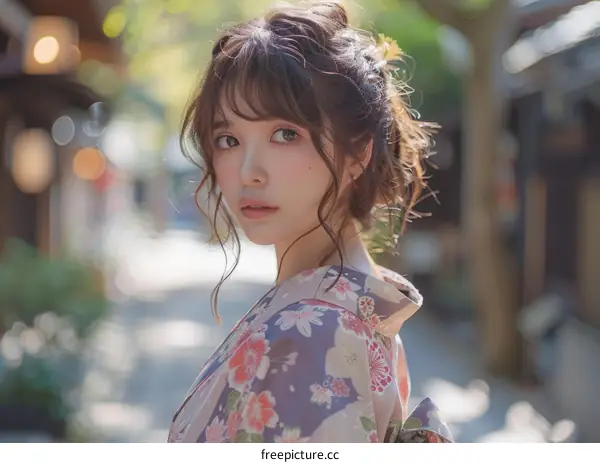 A Young Woman in Kimono Strolling Through a Traditional Japanese Street