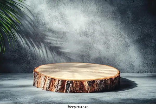 Wooden Slice Display Stand Against Gray Wall