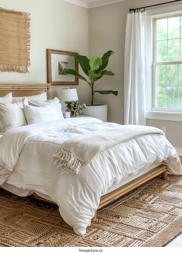 cozy bedroom with white bedding and natural textures