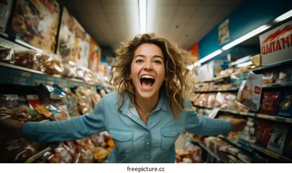 Happy woman celebrating in grocery store