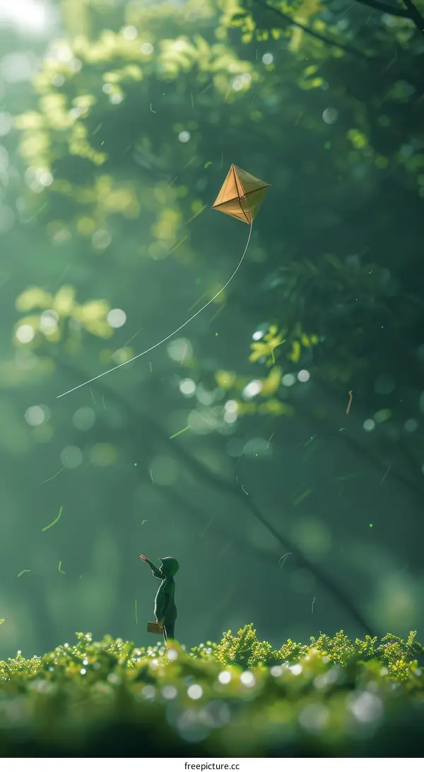 Little Boy Flying a Kite in the Forest