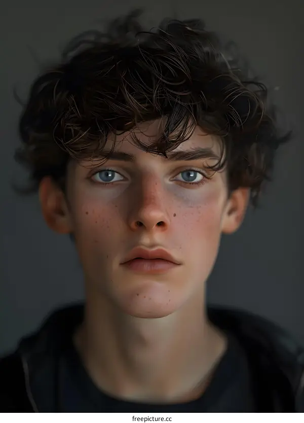 Portrait of a Young Man with Curly Hair and Blue Eyes