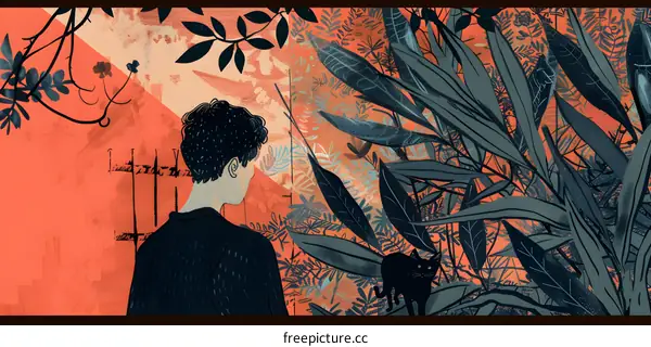 Man Looking at Black Cat in a Lush Garden Illustration