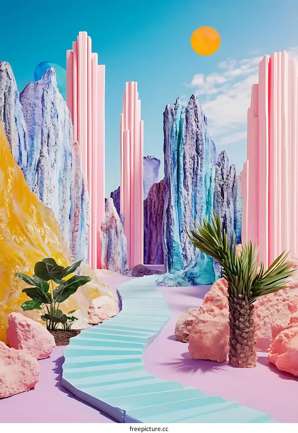 Abstract Landscape with Blue Sky and Pink Towers