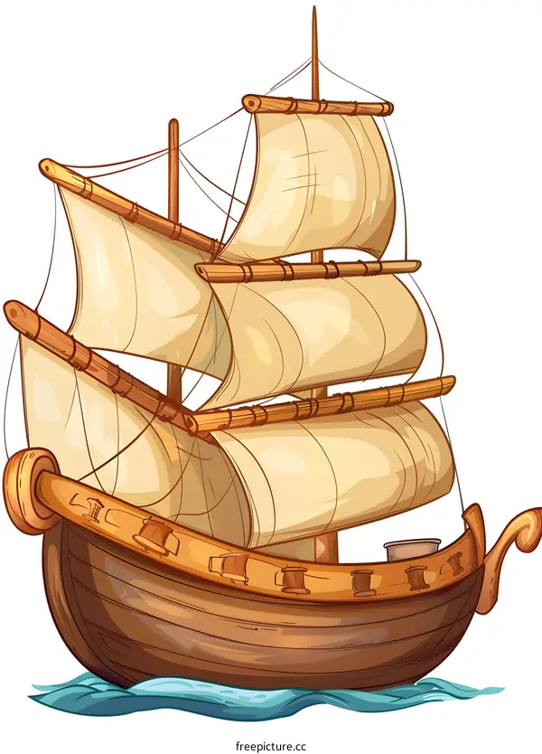 Cartoon Illustration Of Wooden Sailing Ship With Sails