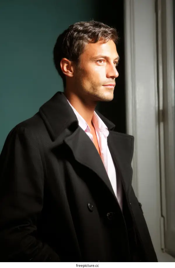 Stylish Caucasian Man in Black Coat