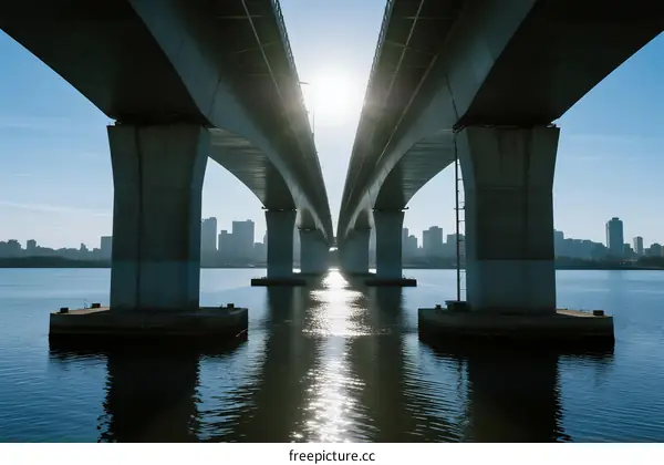 Sunlight shining through the bridge pillars over the water