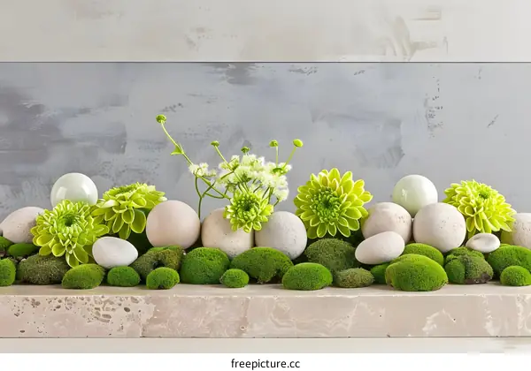 Green Flowers with Moss and Stones