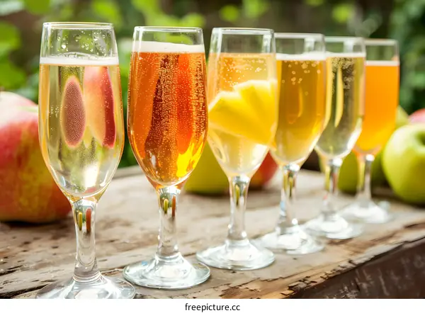 Apple Cider in Champagne Flutes on Rustic Wooden Table
