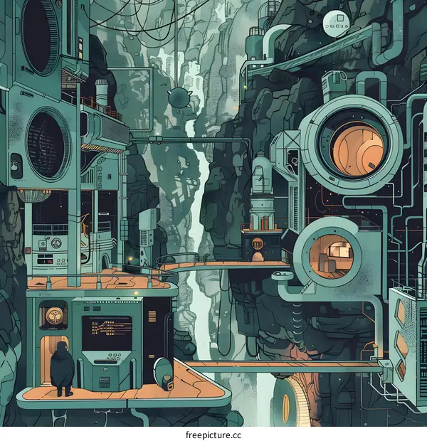 Futuristic Cityscape with a Single Figure Looking out Over a Cliffside