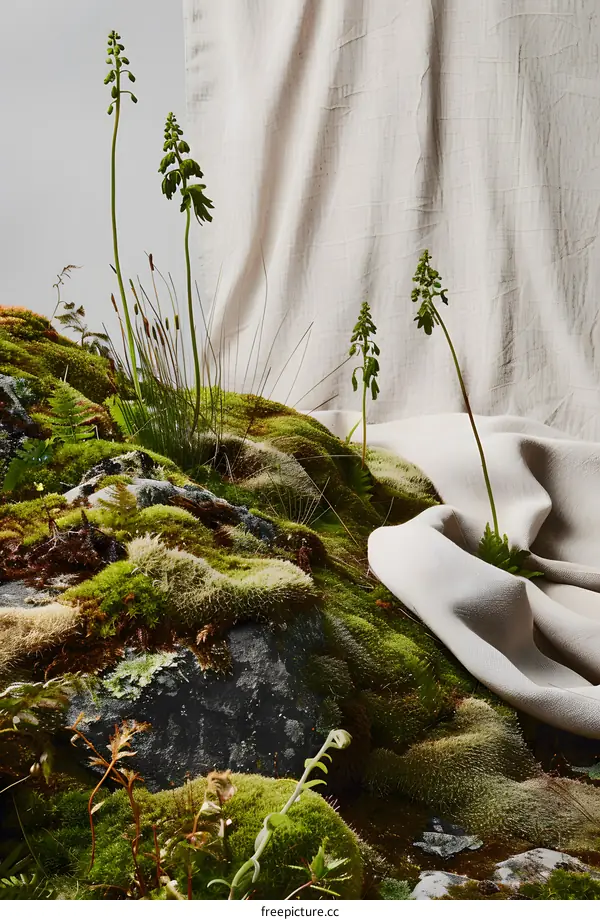 Green Moss and Plants with White Fabric Background