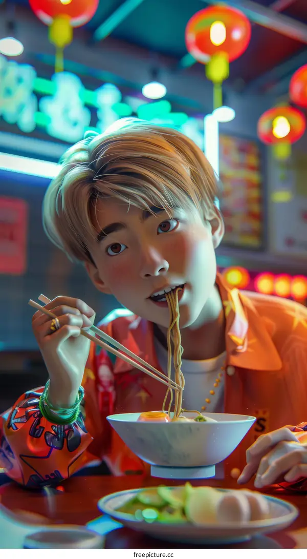 An illustration of a young man eating noodles with chopsticks at a restaurant