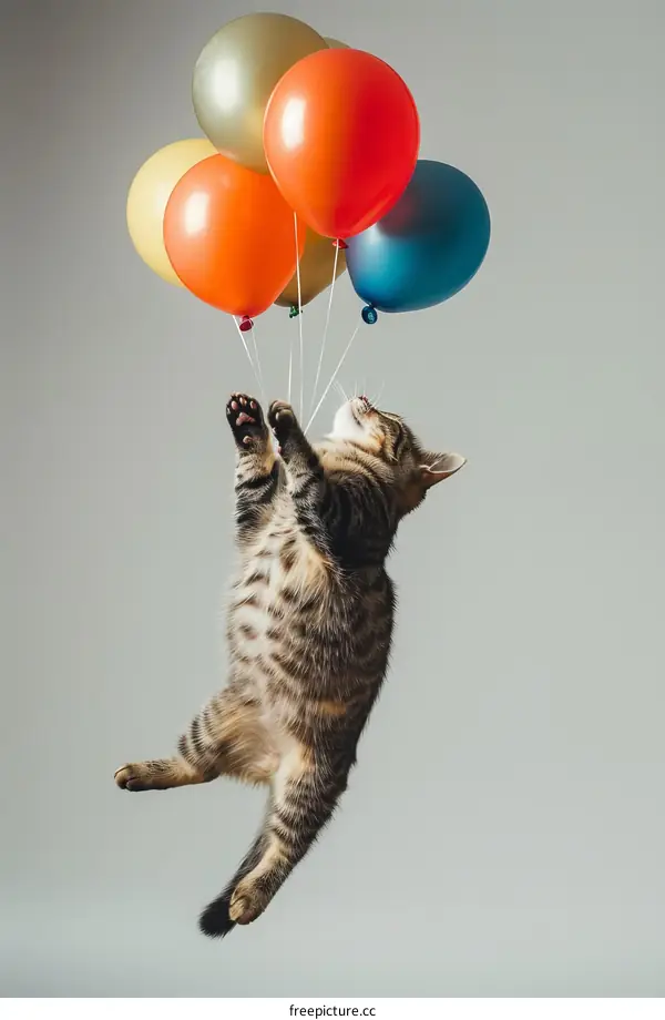 Playful Cat Soaring with Balloons