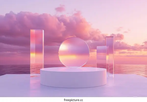 Abstract Pastel Pink Sunset Scene with Geometric Shapes