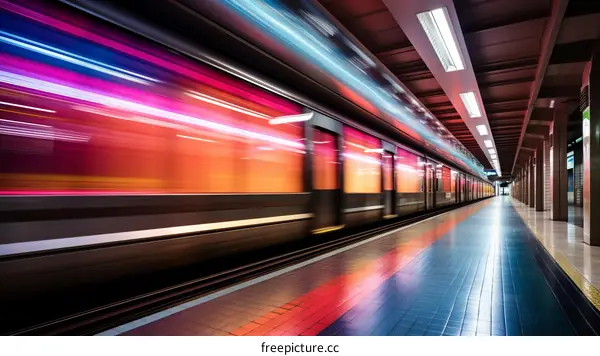 A subway train speeds through a station with a blurred background