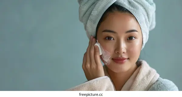Asian woman with a towel on her head is applying face cream