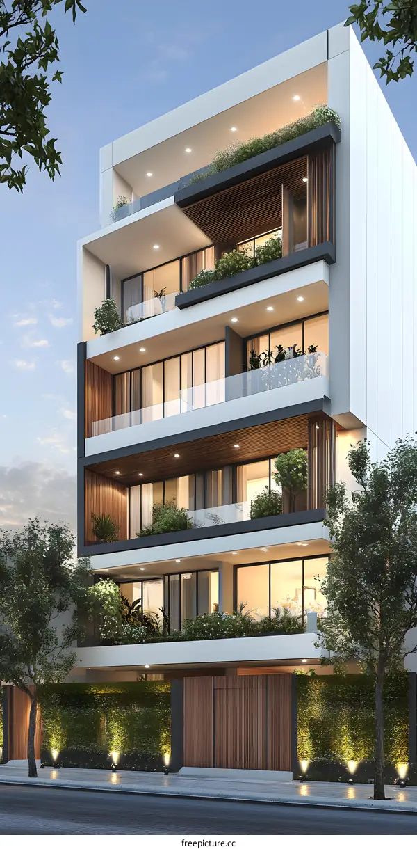 Modern Apartment Building with Green Roof and Balconies