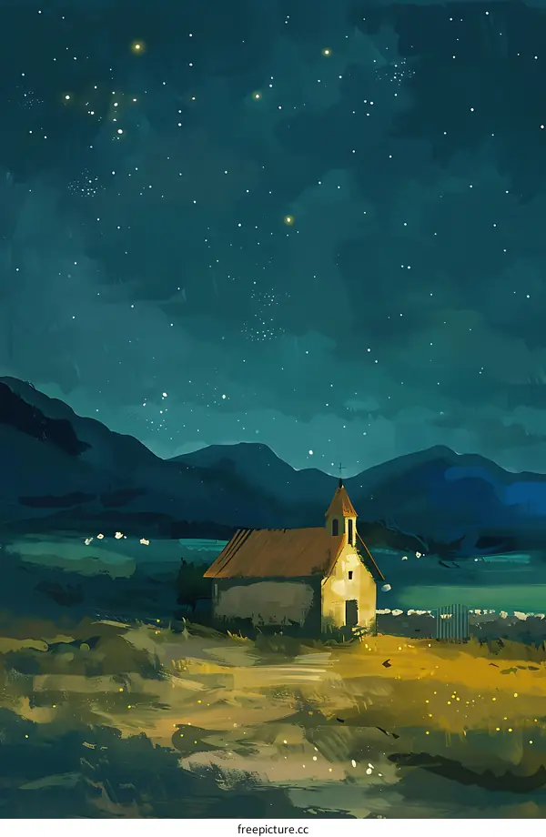 Night Sky Landscape Painting with Church and Stars