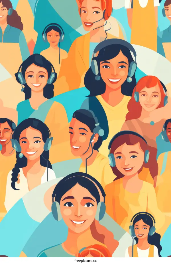 Diverse group of smiling female customer service representatives wearing headsets