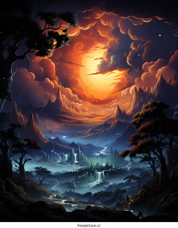 Fantasy landscape with a large moon and a river flowing through a valley