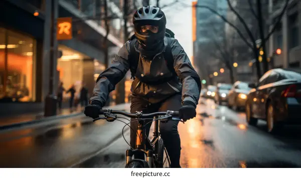 Cyclist rides through city streets in rain