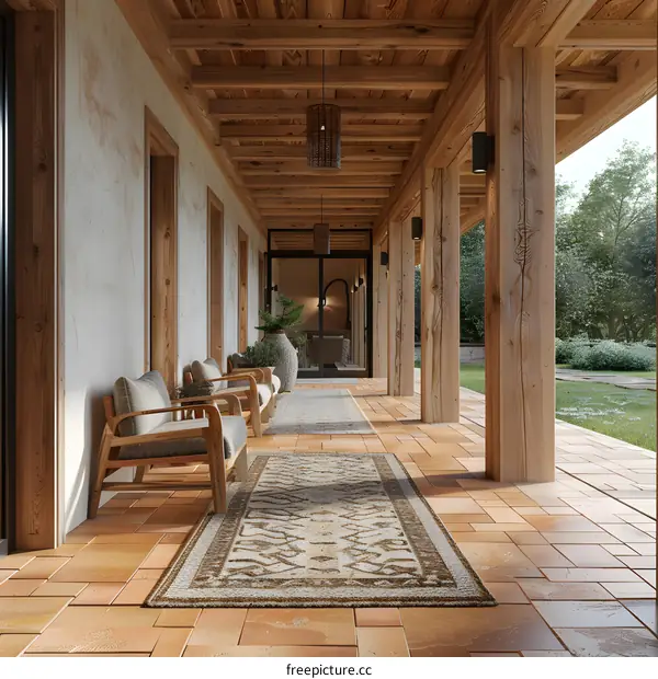 Rustic Covered Patio With Wooden Beams And Tile Floor