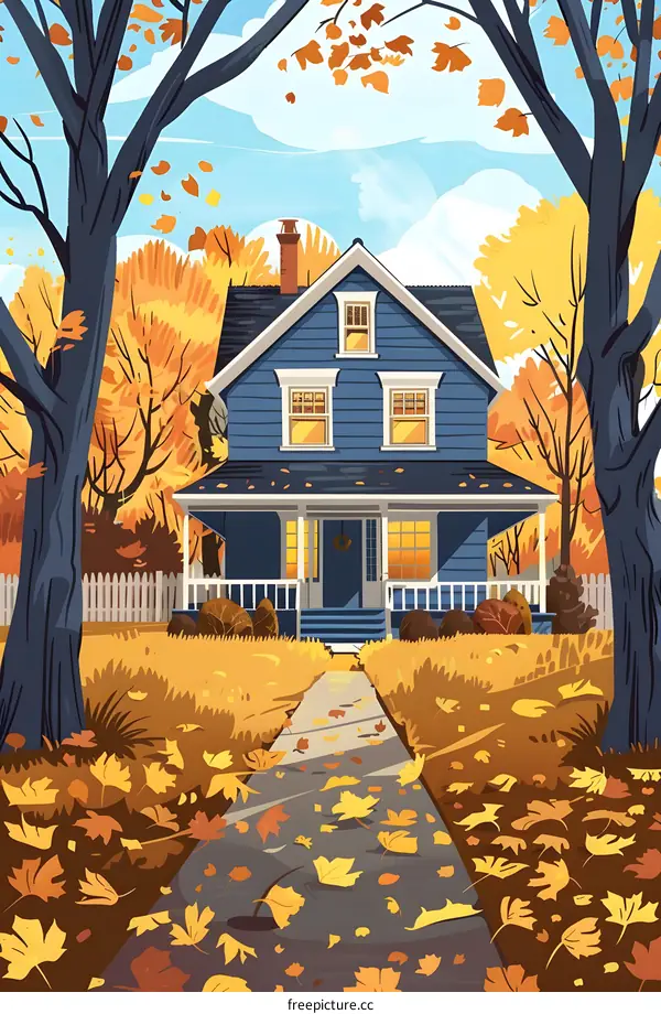 Blue House with Yellow Leaves in Fall