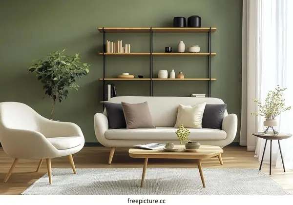 Modern Green Living Room with Wooden Furniture