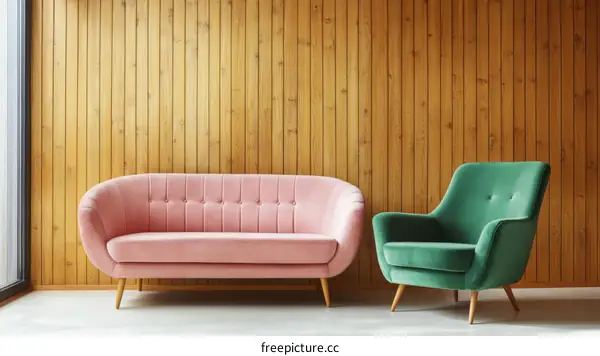 Pink and Green Velvet Furniture in a Wooden Panel Room