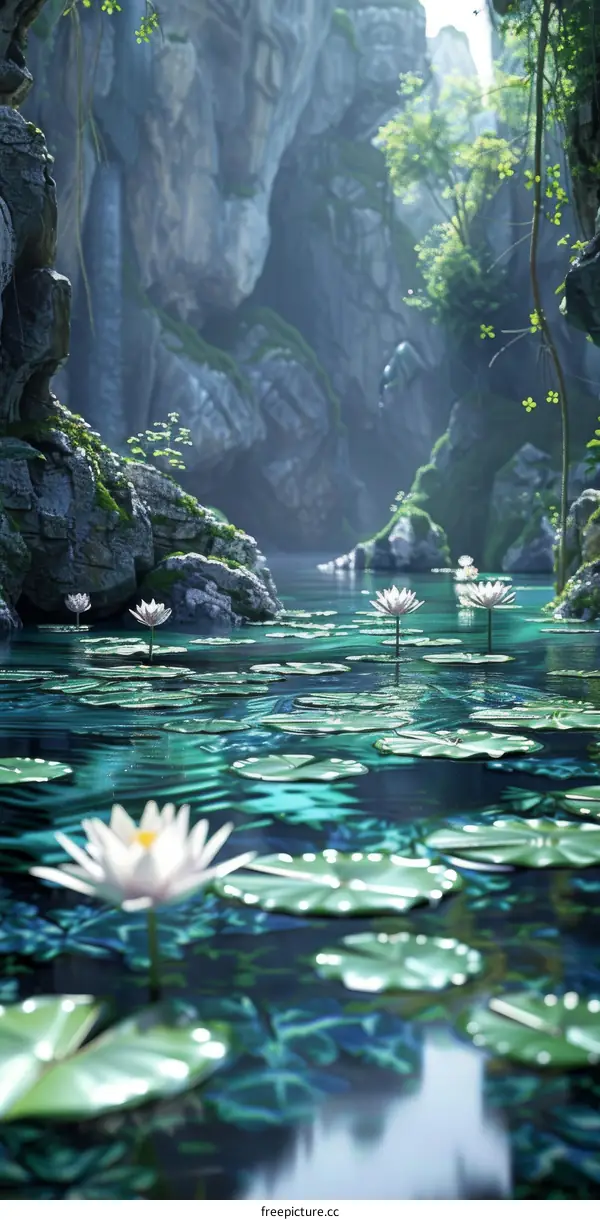 Mystical jungle lake with lush vegetation