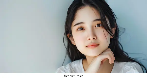 Beautiful Asian Woman with Long Black Hair Posing in a Simple White Shirt