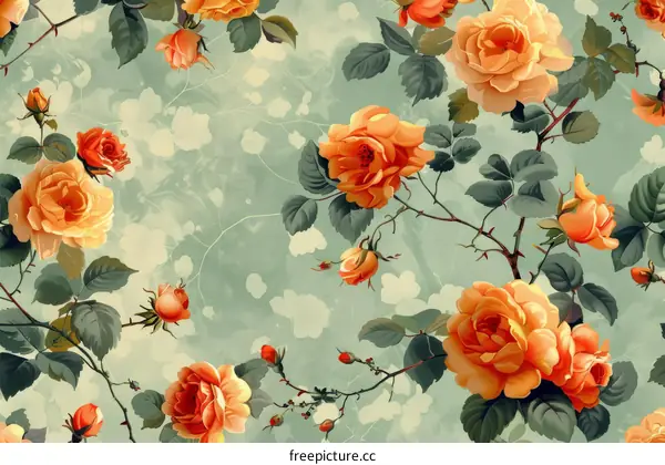 Vintage floral pattern with orange roses and green leaves