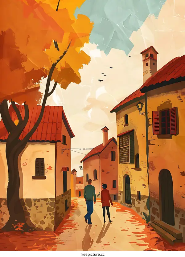 Couple Walking Through a Narrow Street in an Italian Village