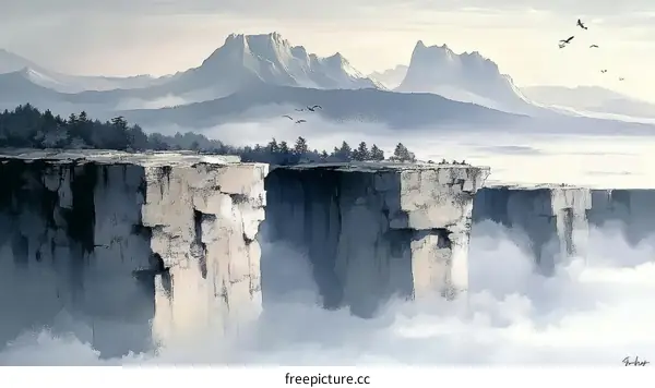 Misty Mountain Cliffscape Artwork