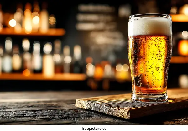 Cold Beer on Wooden Bar Tabletop