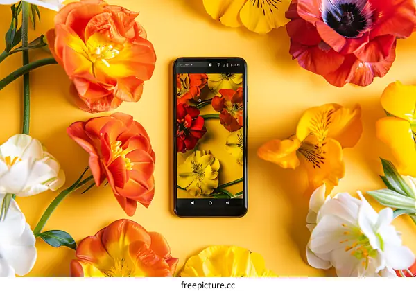 Mobile Phone Screen with Flowers Background