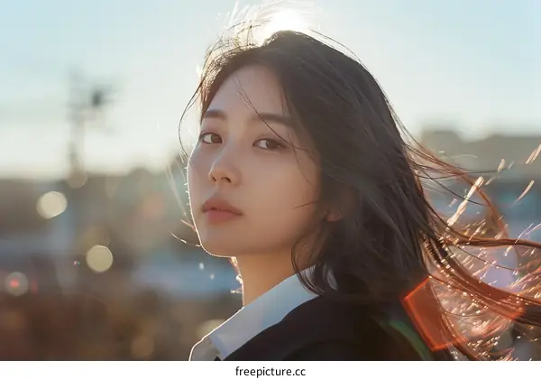 A young woman standing in the sunlight with her hair blowing in the wind