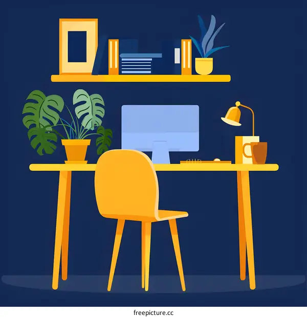 Modern Minimalist Home Office Illustration with Yellow Desk and Chair