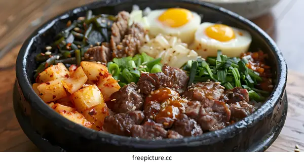 Korean food dolsot bibimbap with beef and egg