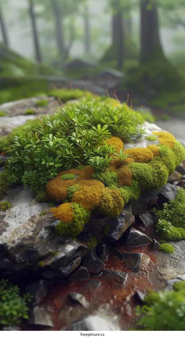 Close-up photo of moss and other small plants growing on a rock in the forest