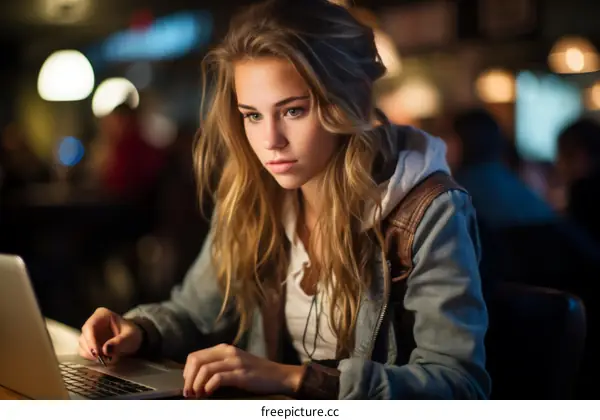 Young woman using laptop in cafe