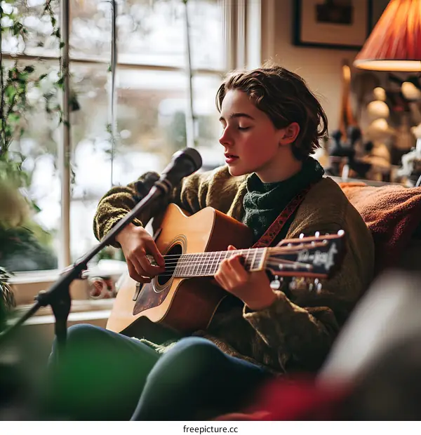 Young Woman Singing and Playing Acoustic Guitar