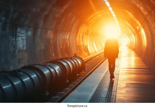 Man walking in a tunnel with a bright light at the end
