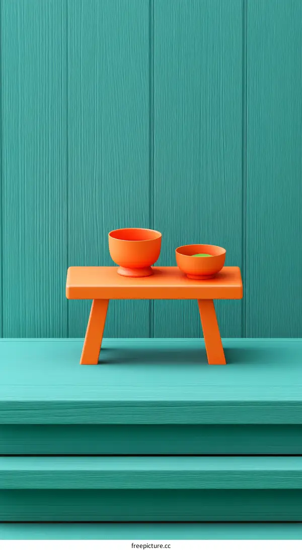 Small Orange Table with Bowls on Teal Background