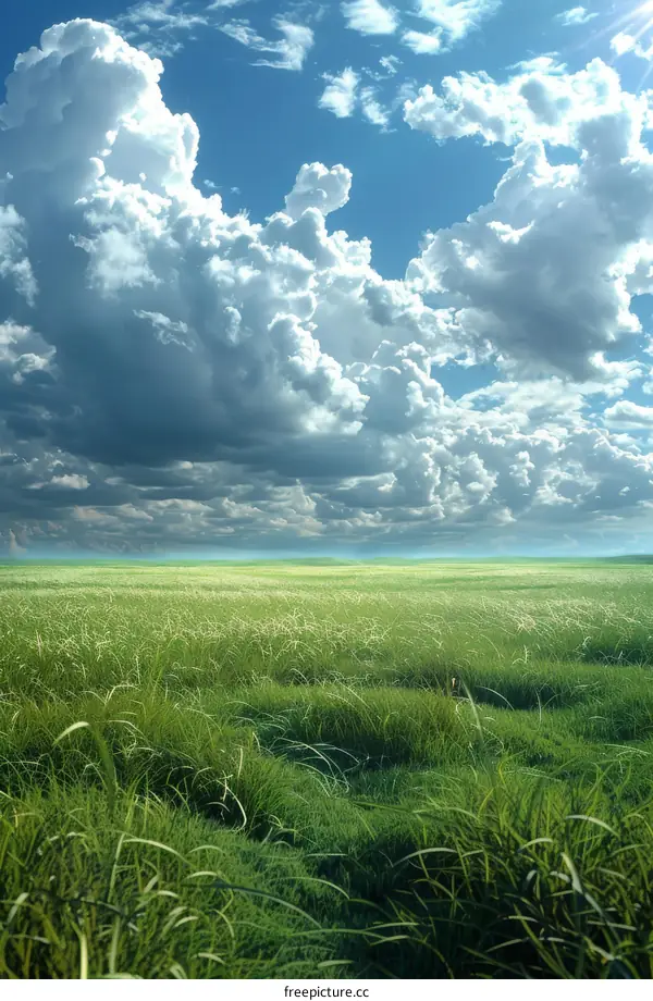 Expansive Green Grassland Under a Clear Blue Sky