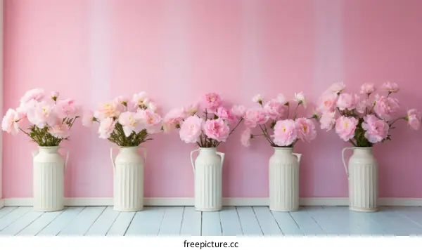 Several vases of pink flowers against a pink background